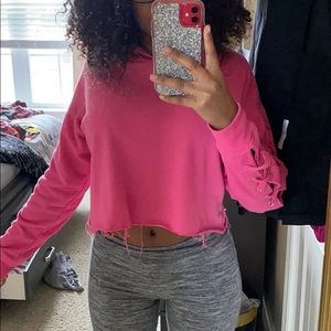 Hot Pink Ribbed Cropped Hoodie